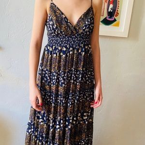 Navy Blue Floral Printed Chiffon Maxi Dress
